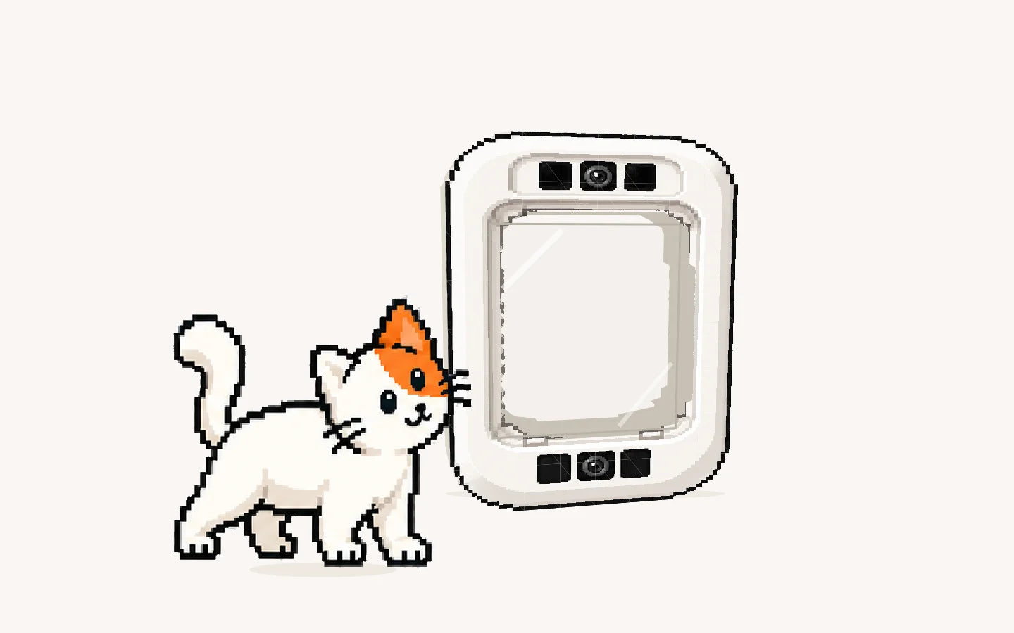 The illustrated Flappie cat in front of its cat flap