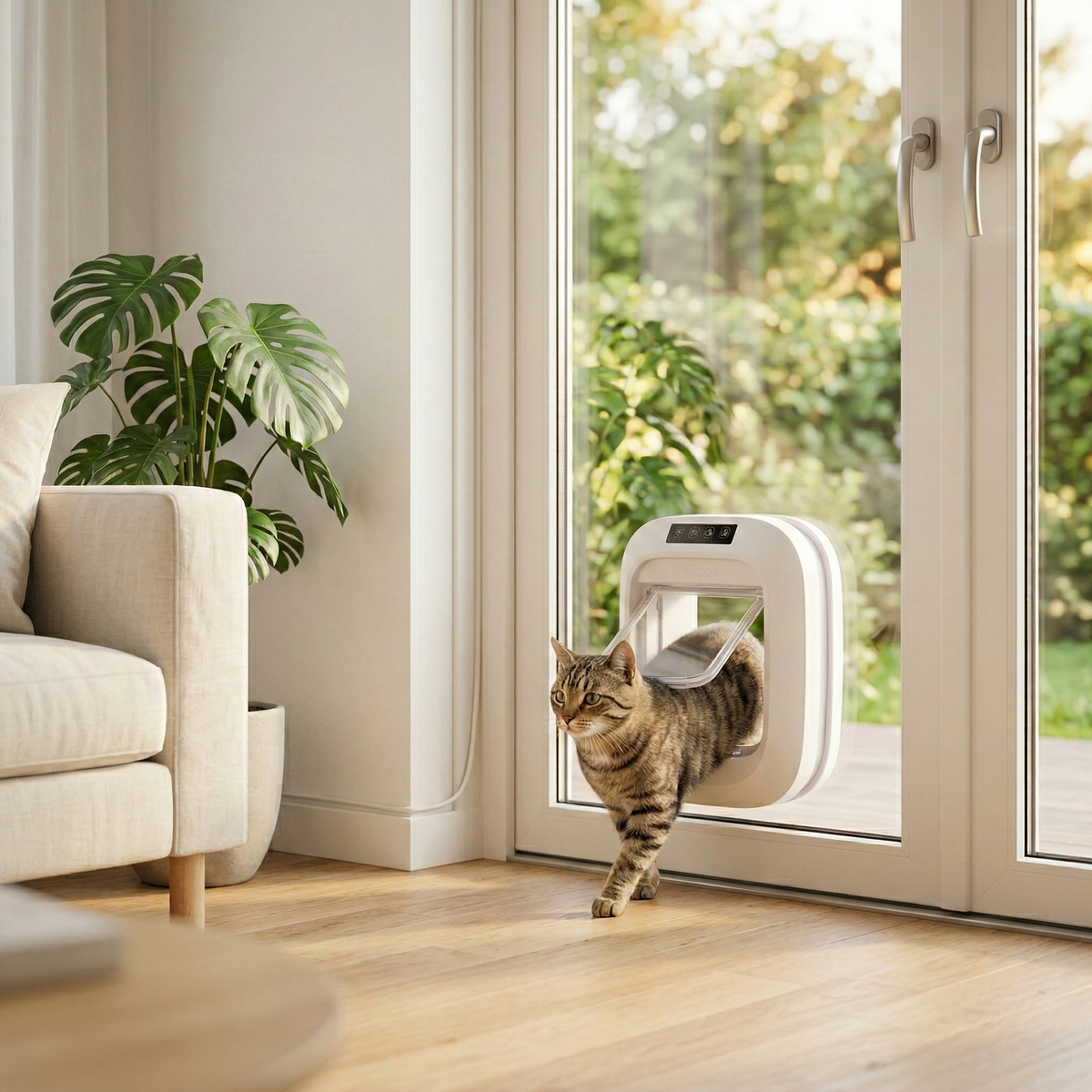 Tabby cat walking through a smart electronic pet door installed in a bright glass patio door